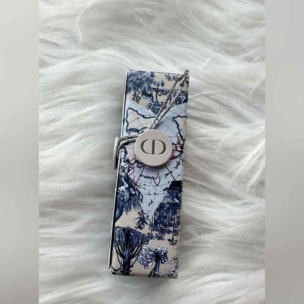 Dior Blue and White Patterned Box with Silver Clasp, red lipstick novelty.